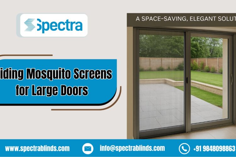 Sliding mosquito screen door installed on large balcony opening by Spectra Blinds in Hyderabad