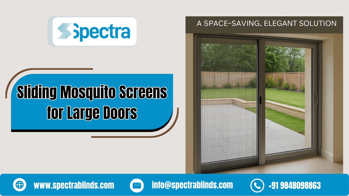 Sliding mosquito screen door installed on large balcony opening by Spectra Blinds in Hyderabad