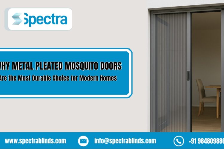 Metal pleated mosquito door installed on sliding door for modern homes by Spectra Blinds in Hyderabad