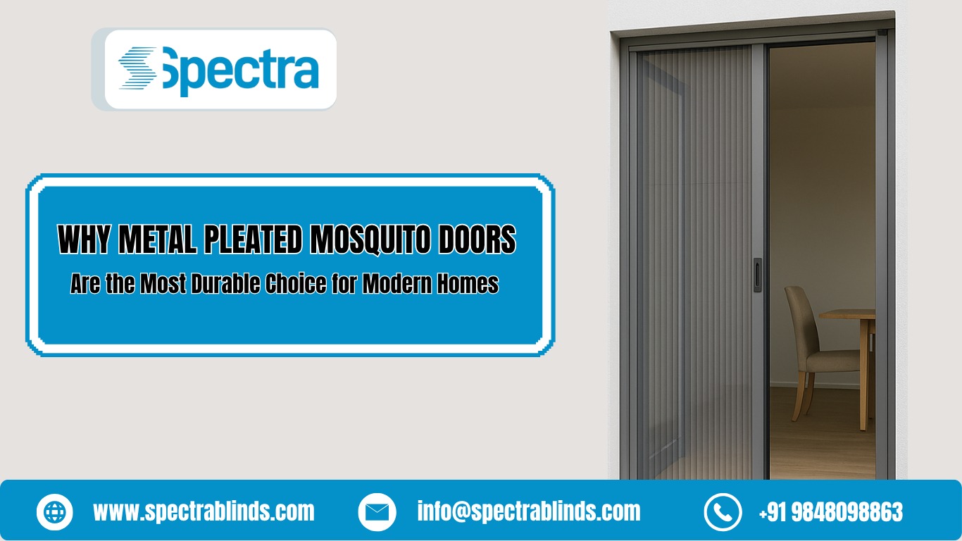 Metal pleated mosquito door installed on sliding door for modern homes by Spectra Blinds in Hyderabad